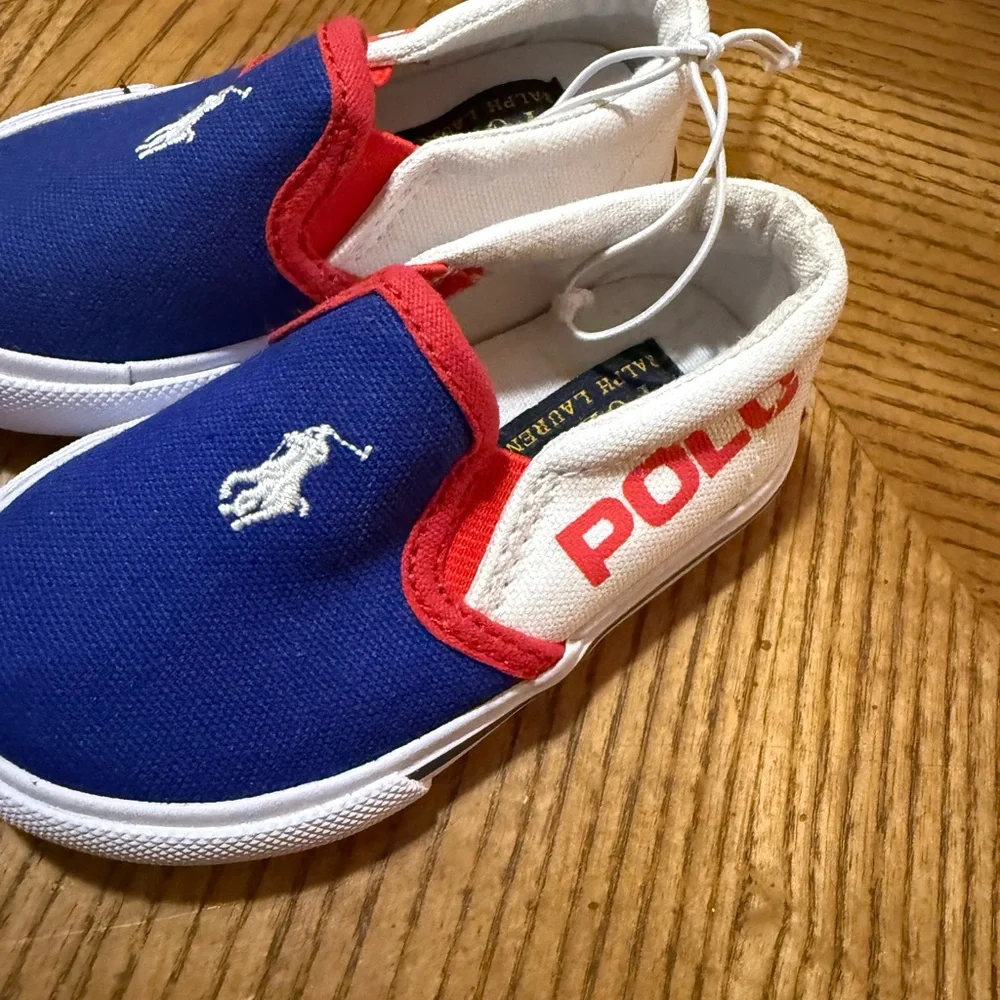 Polo by Ralph Lauren Toddlers Blue w/Red & White Slip-On Slater Sneakers  NWOT - Picture 2 of 6